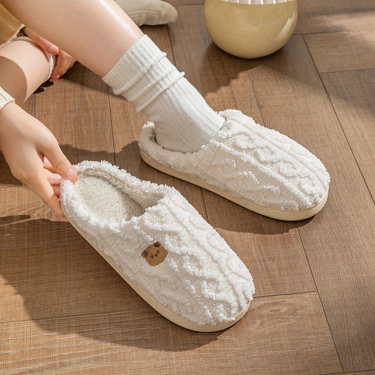 Women’s Slippers Soft Fabric Warm Winter Slip-Ons with Bear Print