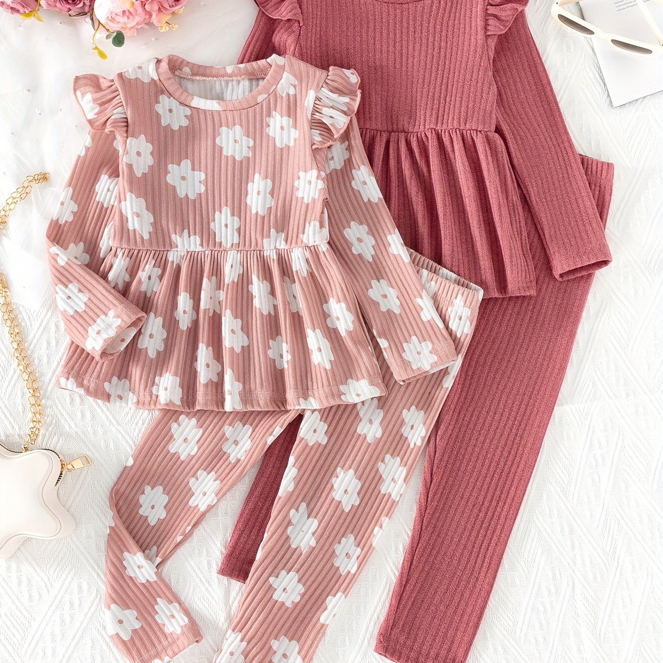 Girls Long Sleeve Peplum Top and Casual Pants Co-ords Set Floral Solid Spring Fall Outdoor Clothes