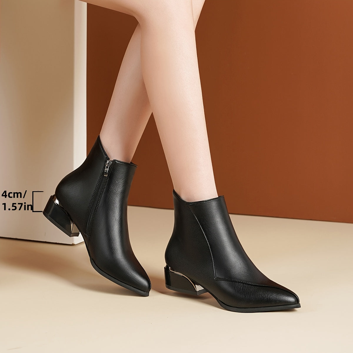 Women's Chelsea Boots Leather Pointed Toe Ankle Zipper Chunky Heel