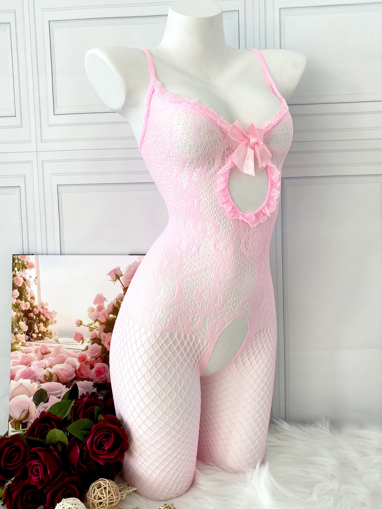 Women’s Jacquard Knit Bodysuit Fishnet Open Crotch Lingerie for Intimate Nights