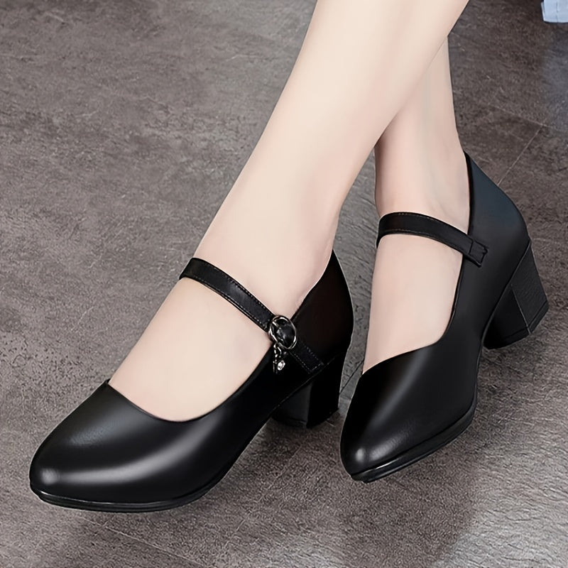 Women's Solid Color Chunky Block Heels with Pointed Toe and Buckle Strap