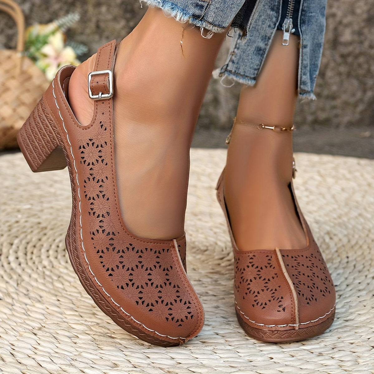 Women's High Heels Leather Closed Toe Strappy Chunky Heel Summer