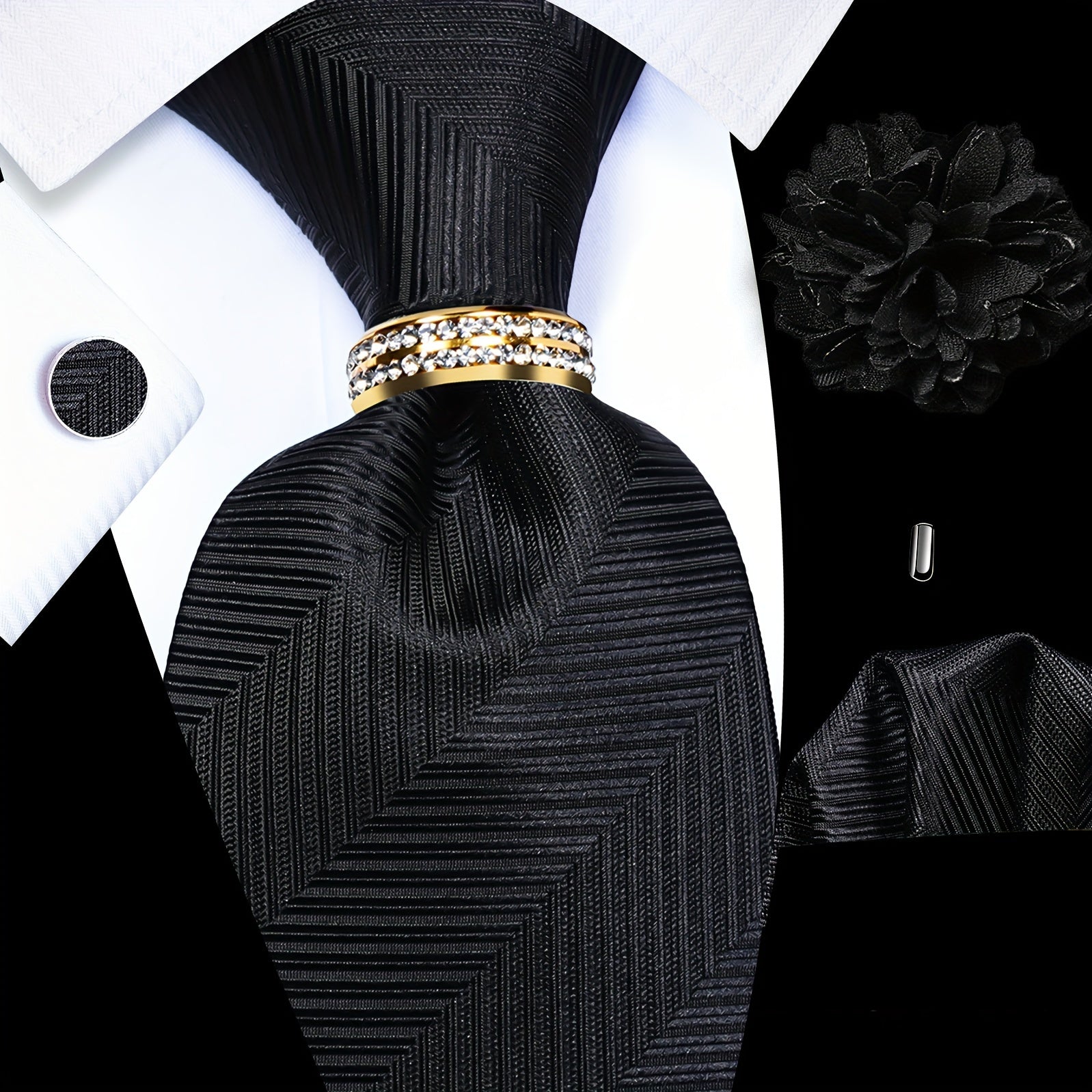 Men's Accessories Set Tie Pocket Square Cufflinks Lapel Pin Tie Ring for Wedding Groom