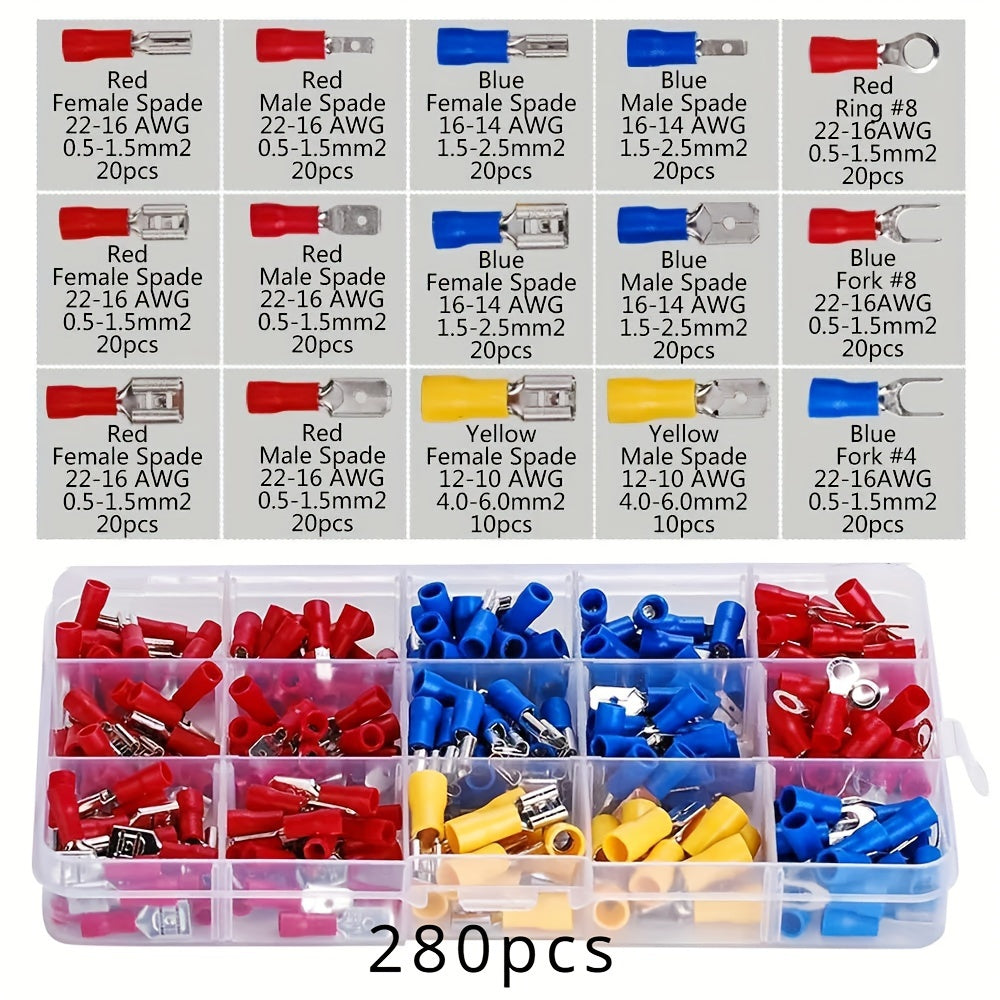 280 dona turli xil izolyatsiyalangan spatula terminali crimping to'plami elektr simlar ulash uchun konektorlar
