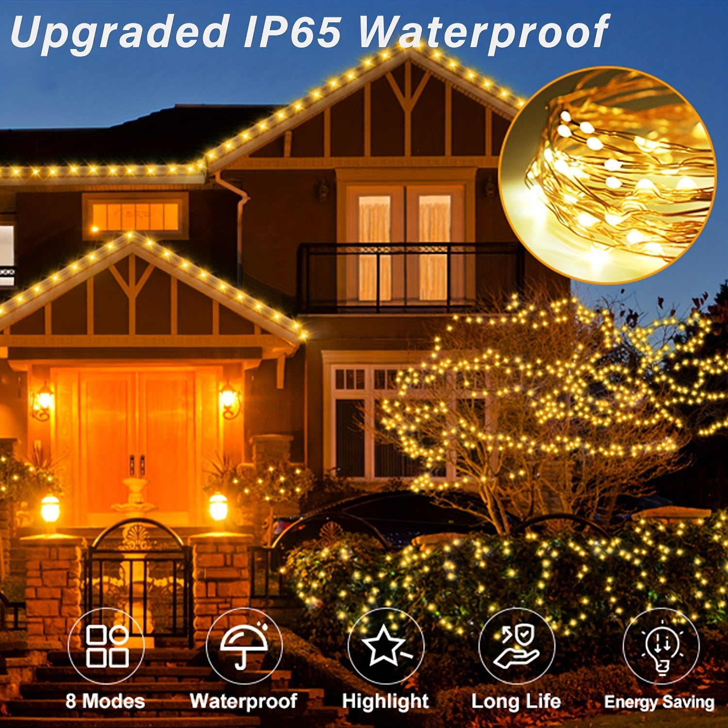 Luces de hadas LED solares con 8 modos, luces de cuerda para exteriores para decoración de jardín, patio, fiesta, 7m 12m 22m 32m