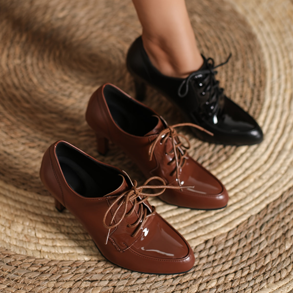 Women's Faux Leather Ankle Boots with Pointed Toe Lace-Up Heels