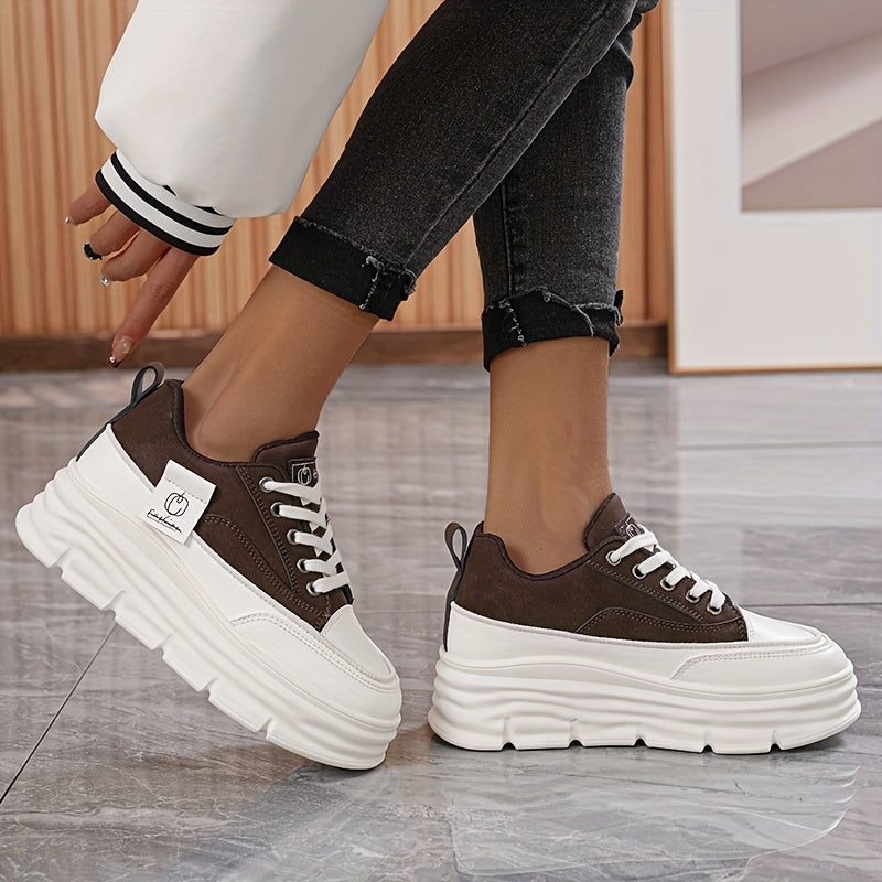 Women's Casual Low-Top Sneakers Thick Rubber Sole Lace-Up White Brown Shoes