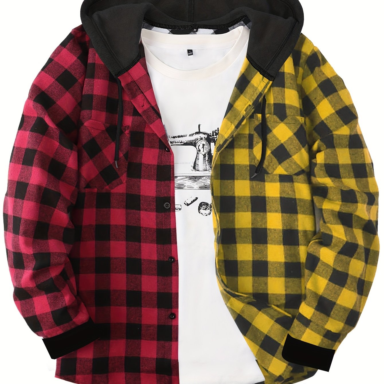 Men's Plaid Polyester Hooded Button-Up Jacket for Casual Sports Style