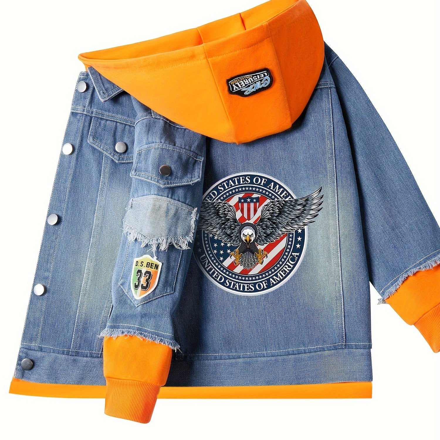 Hooded Denim Jacket for Kids with Cartoon Eagle Design Casual Fall Winter