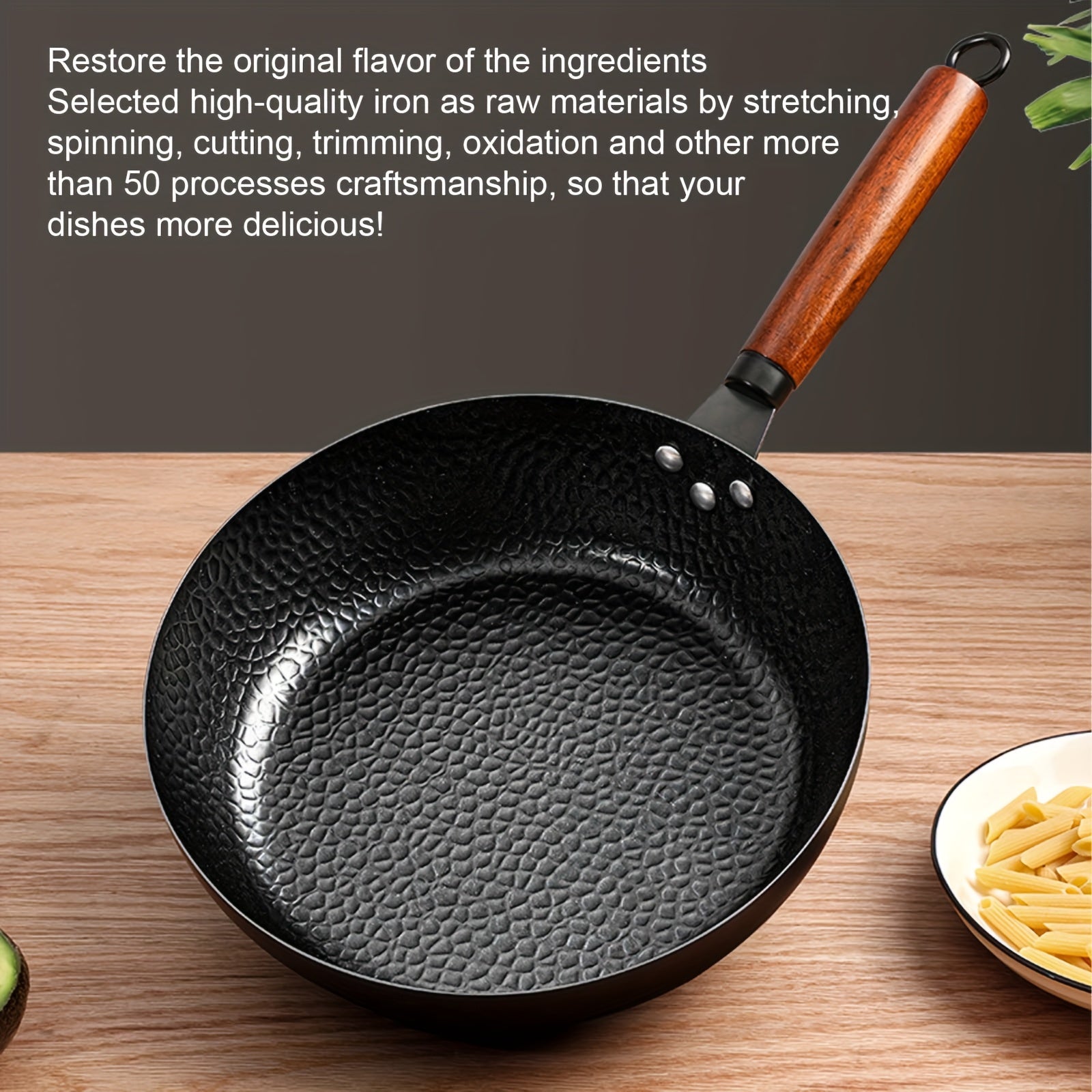 Non-Stick Cast Iron Wok Wooden Handle Hammered Flat Bottom All Stovetops
