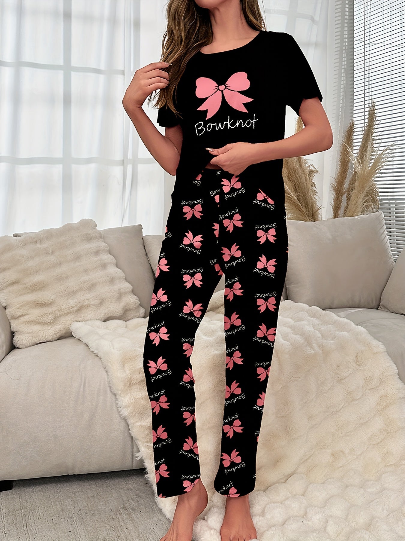 Women's Sleepwear Set with Bow and Slogan Print Short Sleeve Top and Elastic Pants