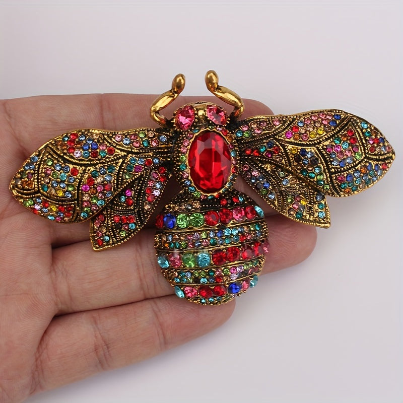 Broche de abeja de estilo antiguo con rhinestones, forma irregular y incrustaciones de piedras preciosas multicolores