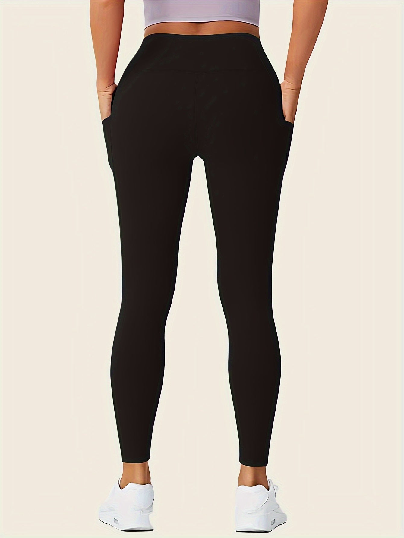 Women's Seamless High Rise Leggings with Side Pockets Solid Color Elastic Knit Fabric
