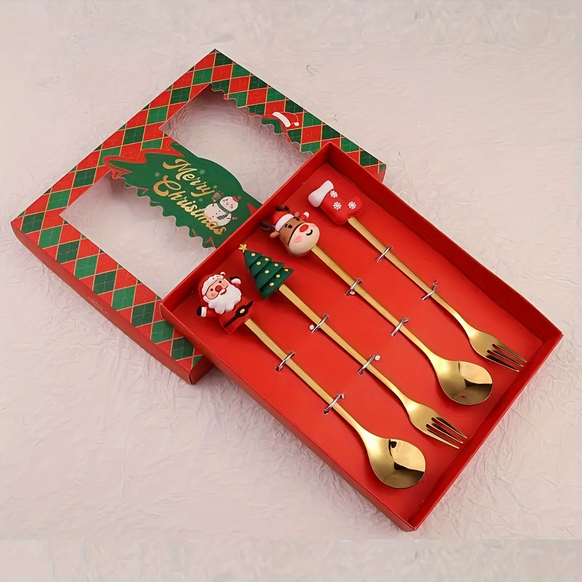 Stainless Steel Christmas Tableware Set 4/6 Pieces for Holiday Party Gift Set with Forks and Spoons