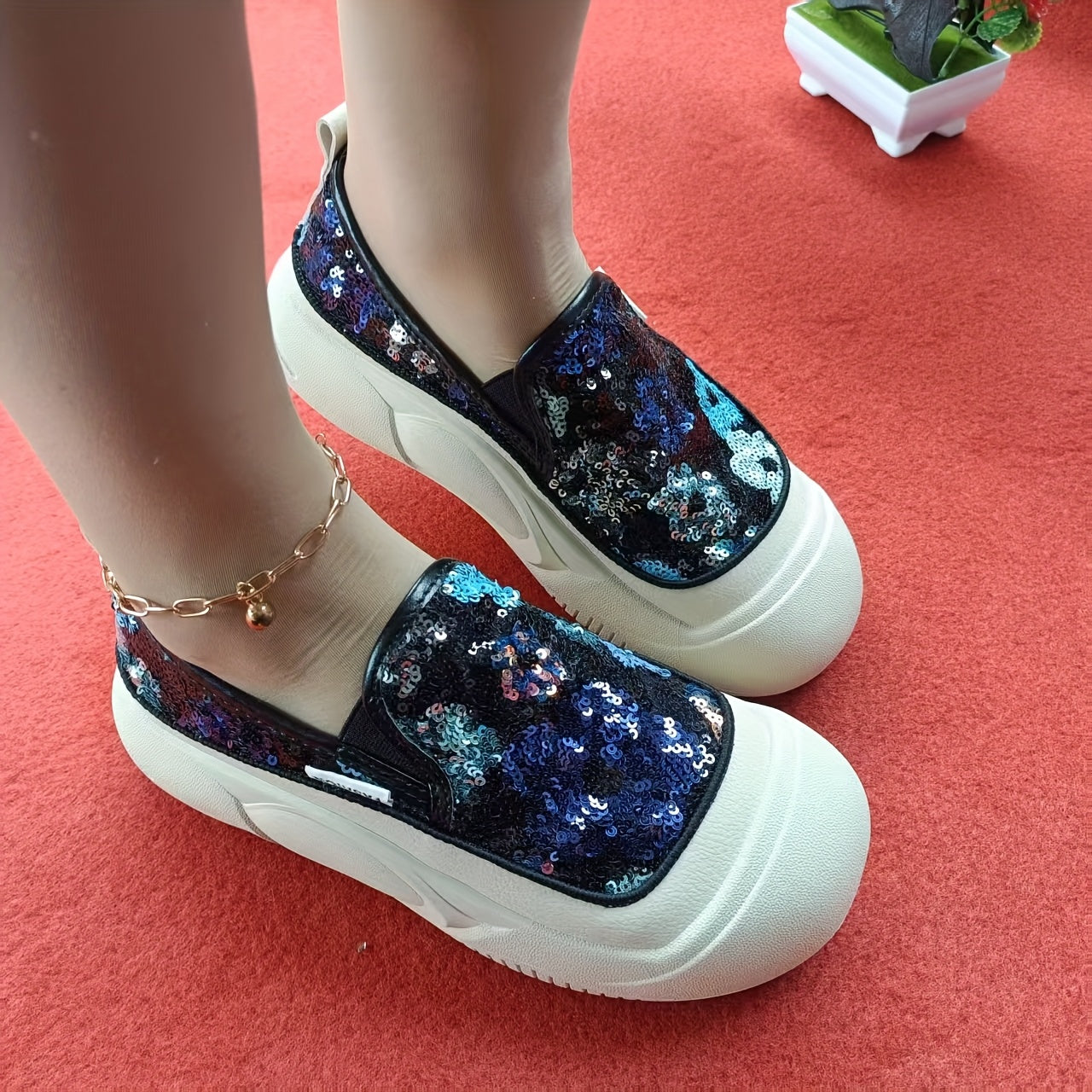 Women's Floral Glitter Casual Sneakers with Cushioned Insole and Rubber Sole