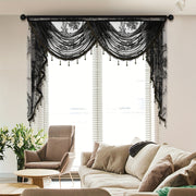 European Style Wave Curtain with Black Lace Valance and Flower Pattern for Living Room Windows