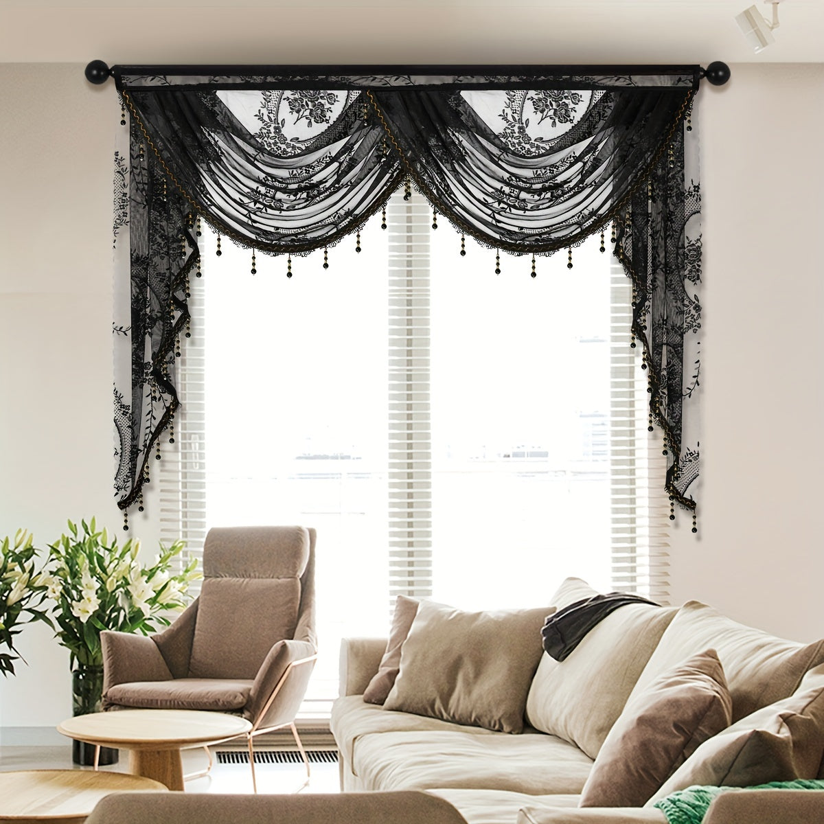 European Style Wave Curtain with Black Lace Valance and Flower Pattern for Living Room Windows