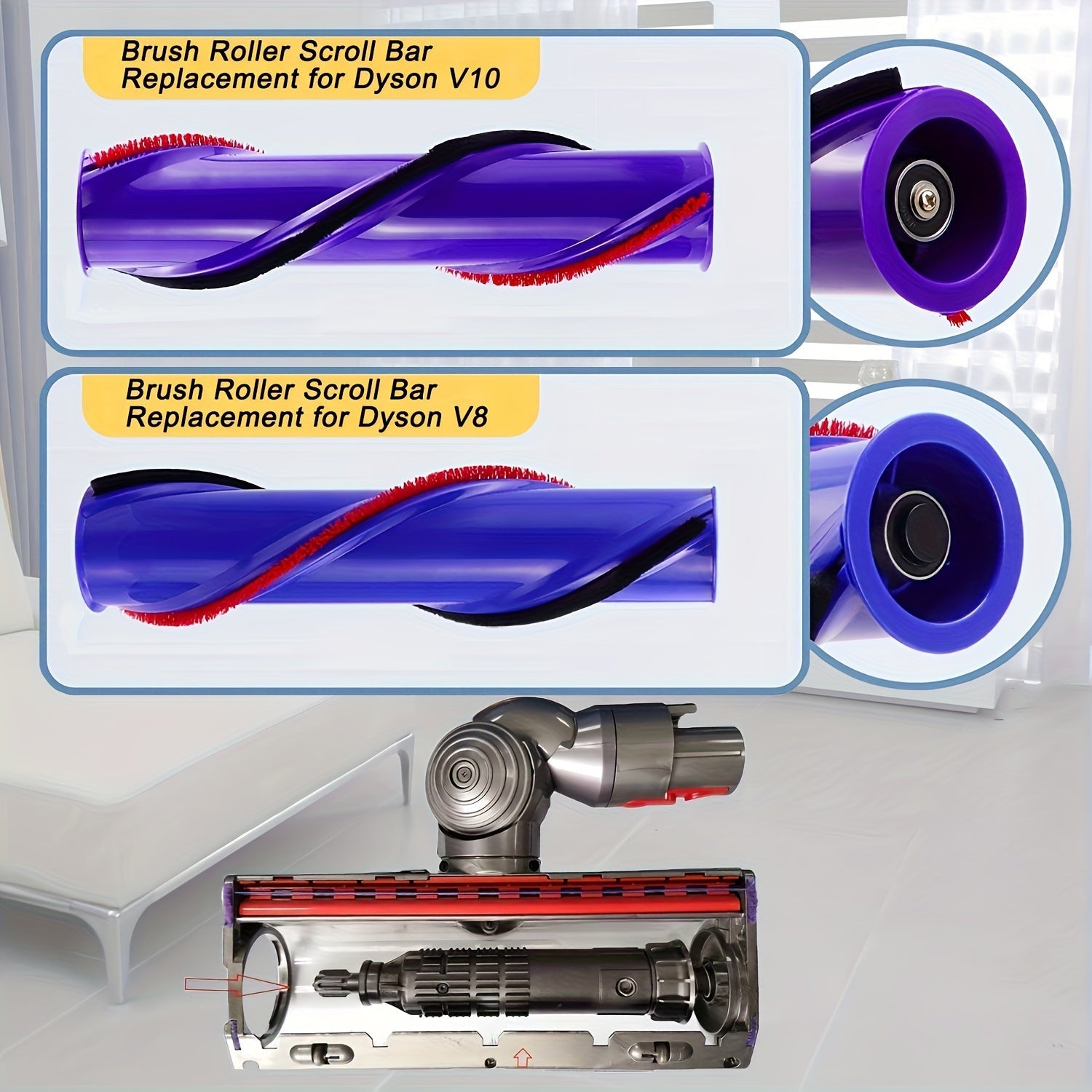 Dyson V10 simsiz changyutgich uchun almashtirish rolik cho'tkasi, mustahkam binafsha rangda - 3-tishli drayv bilan mos keladi, oson ulanish dizayni va samarali pol tozalash uchun qizil cho'tkalar bilan ta'minlangan. Simsiz changyutgich uchun mukammal.