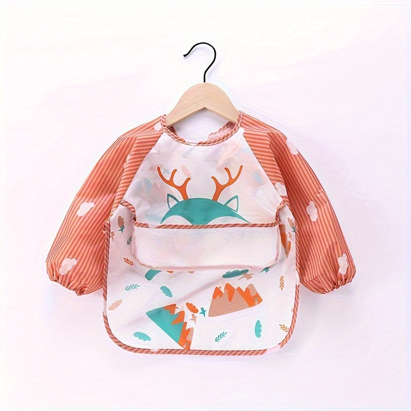 Babero impermeable para niños con bolsillos, diseño de dibujos animados, material suave, delantal de manga larga