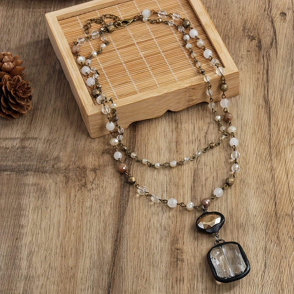 Unisex Tribal Style Necklace with Natural Stone Crystals and Glass Chains for Spring and Summer