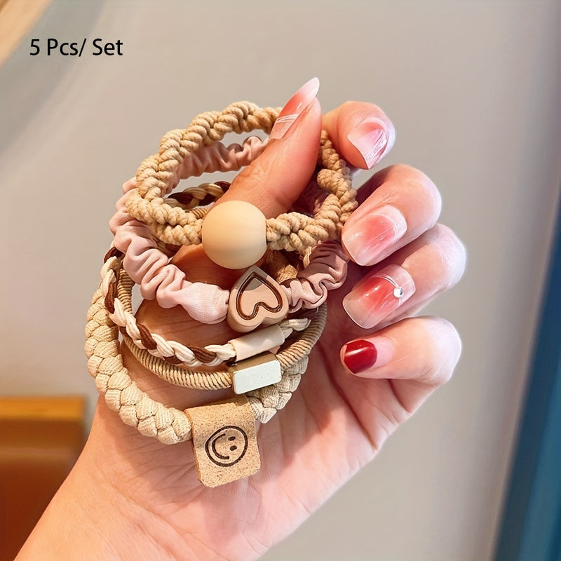 Casual Polyester Hair Ties Set with Heart and Smile Charms for Women