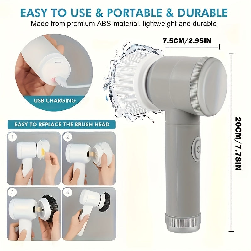 Elektr aylanuvchi cho'tka, oshxonalar va hammomlarda yuqori tezlikda tozalash uchun 5 ta almashtiriladigan cho'tka boshiga ega. USB orqali zaryadlanadigan 500mAh batareya bilan. Plitalar, avtomobillar va uchun mos.