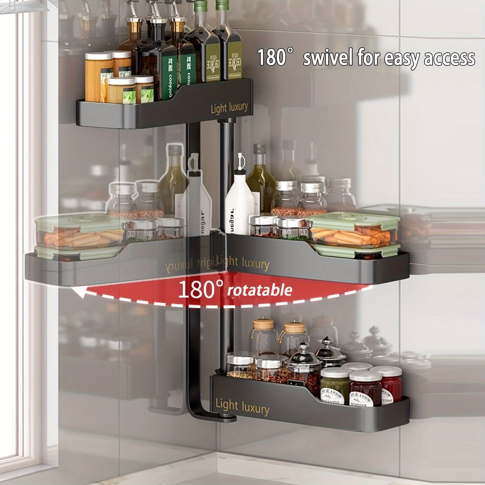 Black Rotating Kitchen Spice Rack Wall Mount Aluminum Organizer for Seasonings and Oils