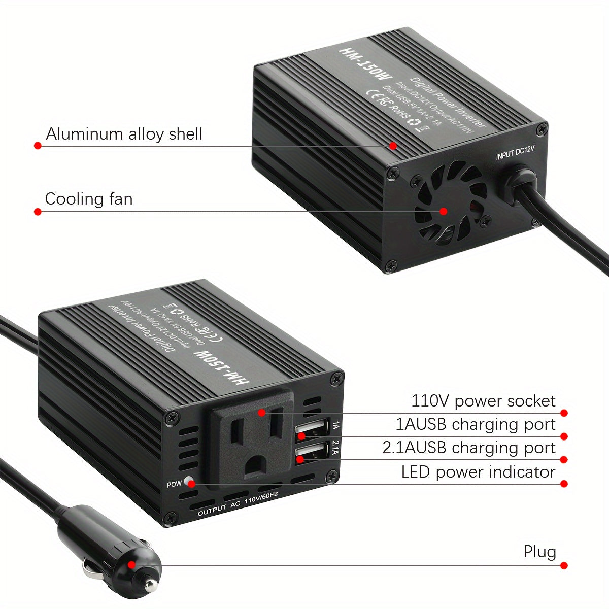 150W Car Power Inverter with 2 USB Ports and 110V Power Jack