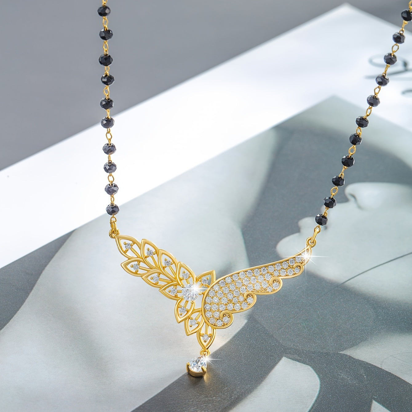 Vintage Copper Jewelry Set with Synthetic Zirconia Winged Pendant Necklace and Earrings for Women