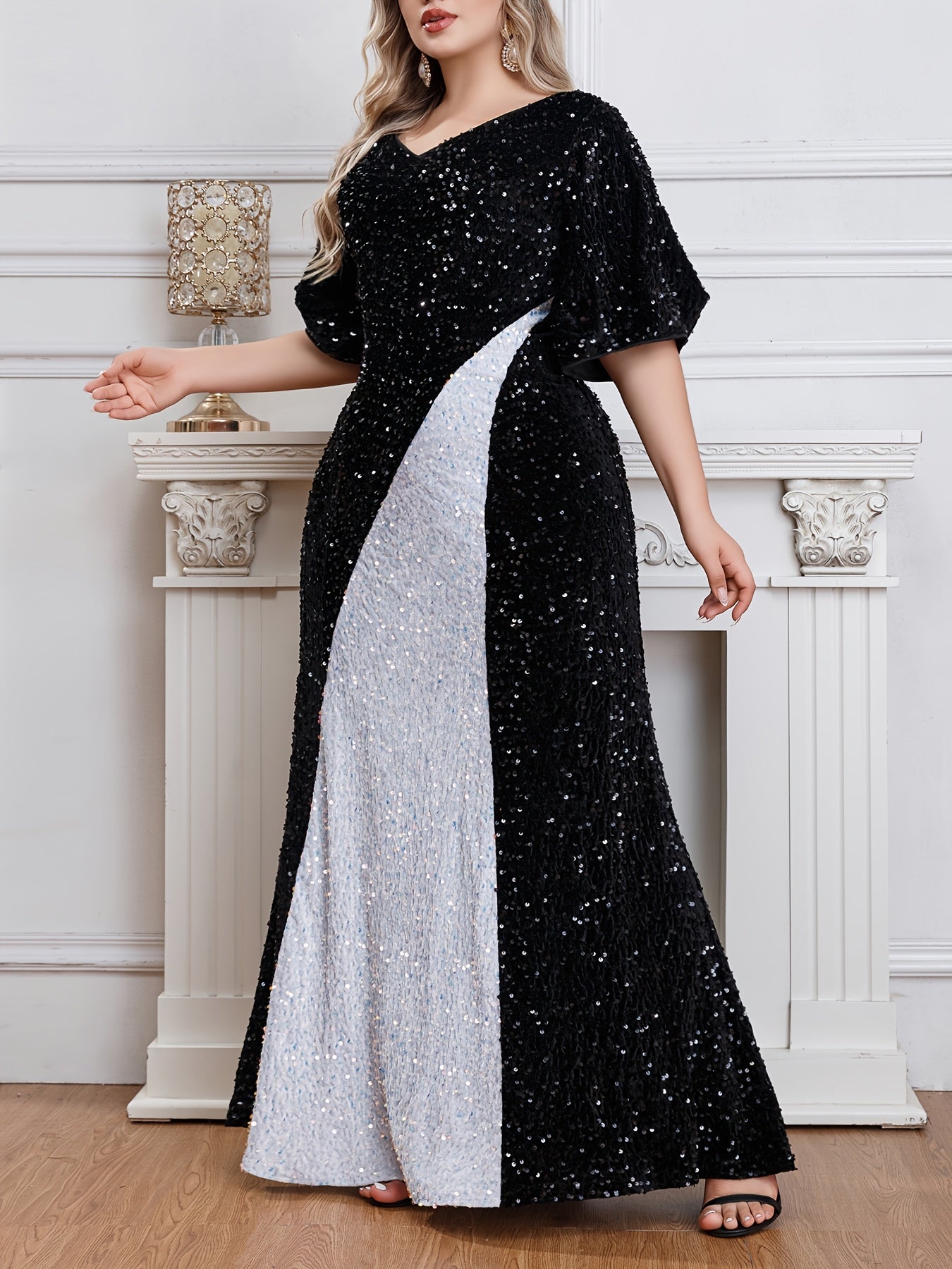 Plus Size Black Night Starry Sky Sequin Dress Evening Gown