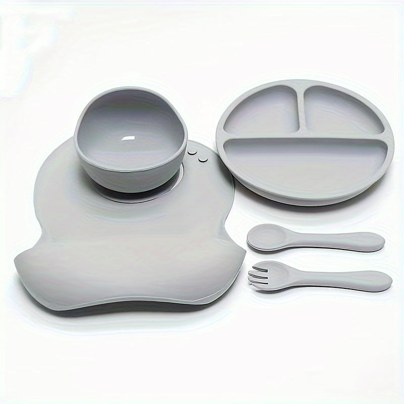 Juego de vajilla de silicona para niños con cuenco, plato dividido, cuchara, tenedor, babero impermeable