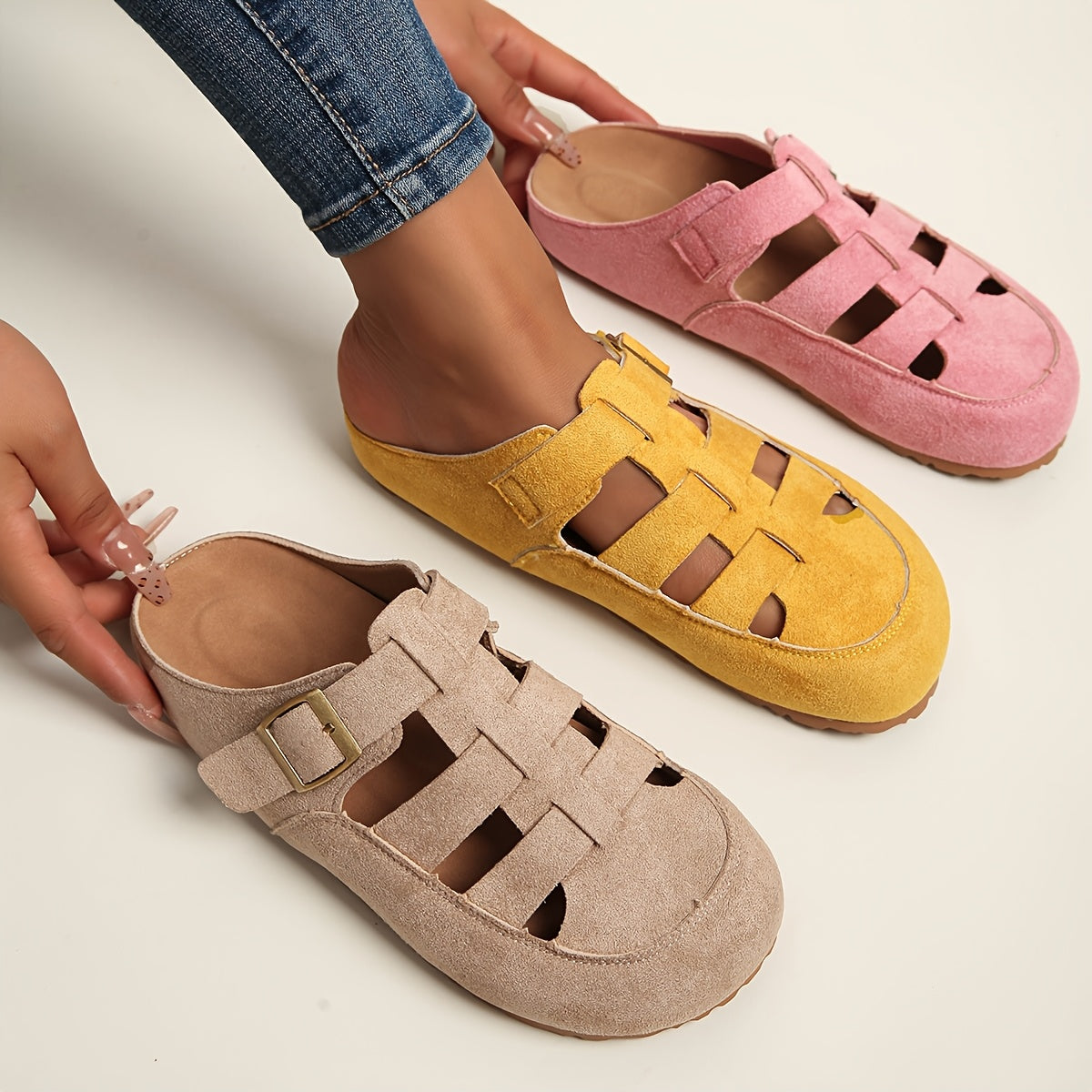 Women's Breathable Strappy Roman Shoes with Adjustable Buckle Beige Pink Yellow