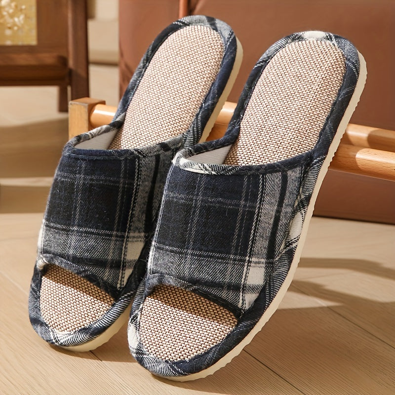 Linen Plaid Slip-On Slippers for Home and Travel Non-Slip Lightweight Casual