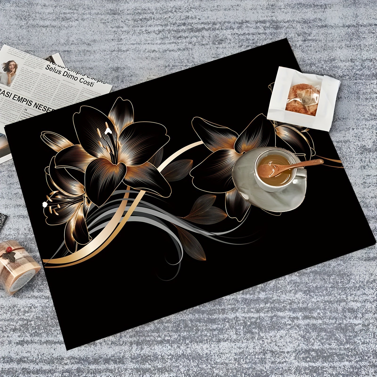 Floral Print Kitchen Dish Drying Mat Non-Slip Rubber Backing 1 Piece