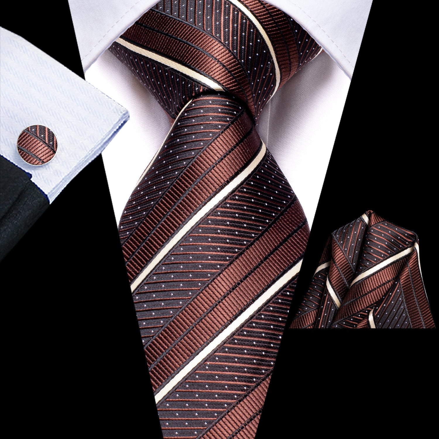 Striped Necktie Set with Cufflinks for Business, Parties, Weddings