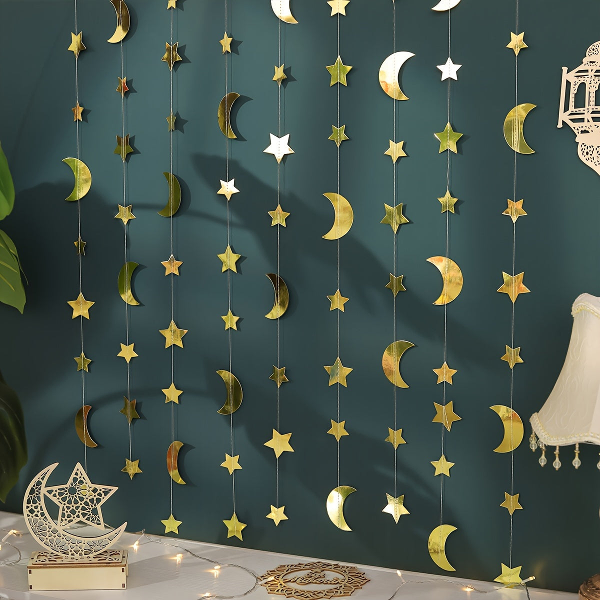Ramadan Wall Decoration Star and Moon Pendant with Flag and Flower Accents