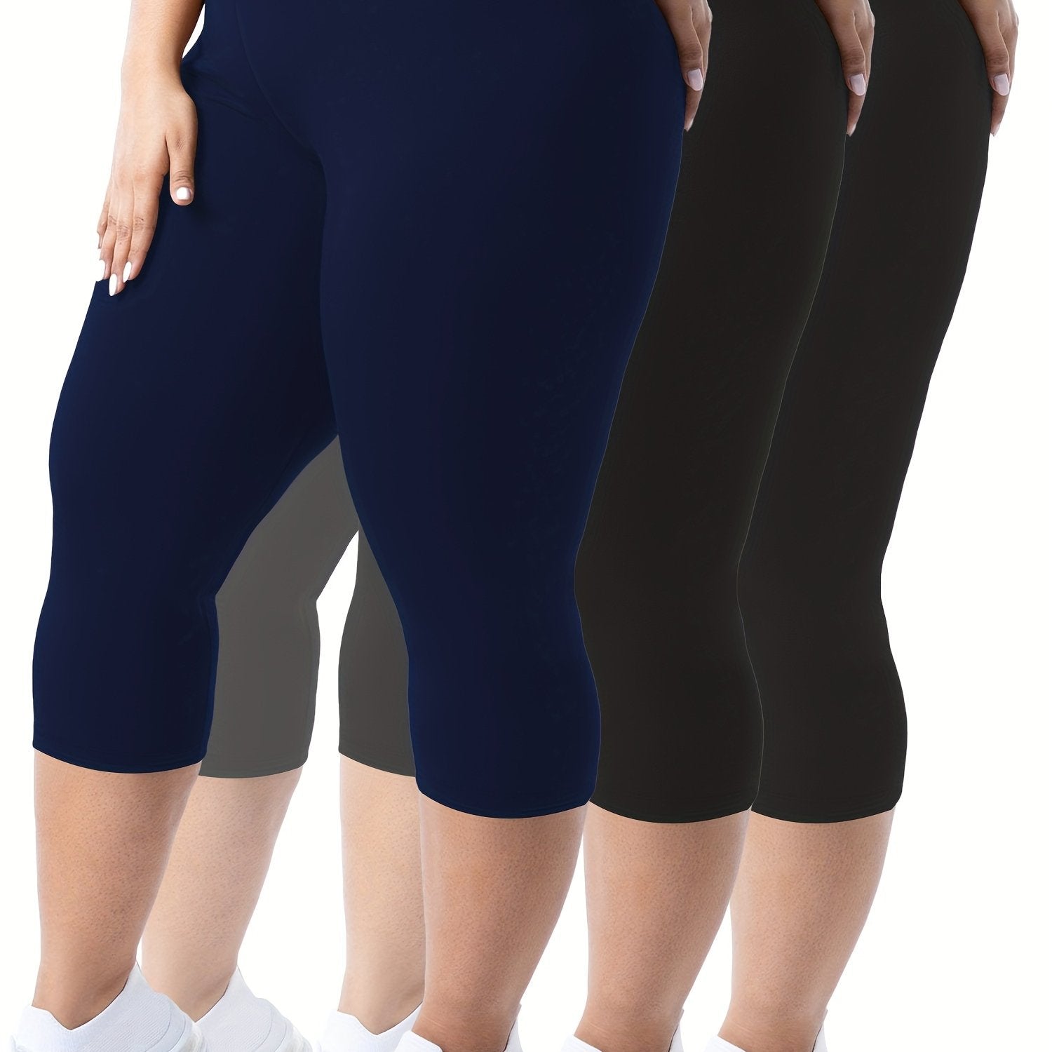 Plus Size Women's High-Waist Capri Leggings Solid Color Stretchy Casual
