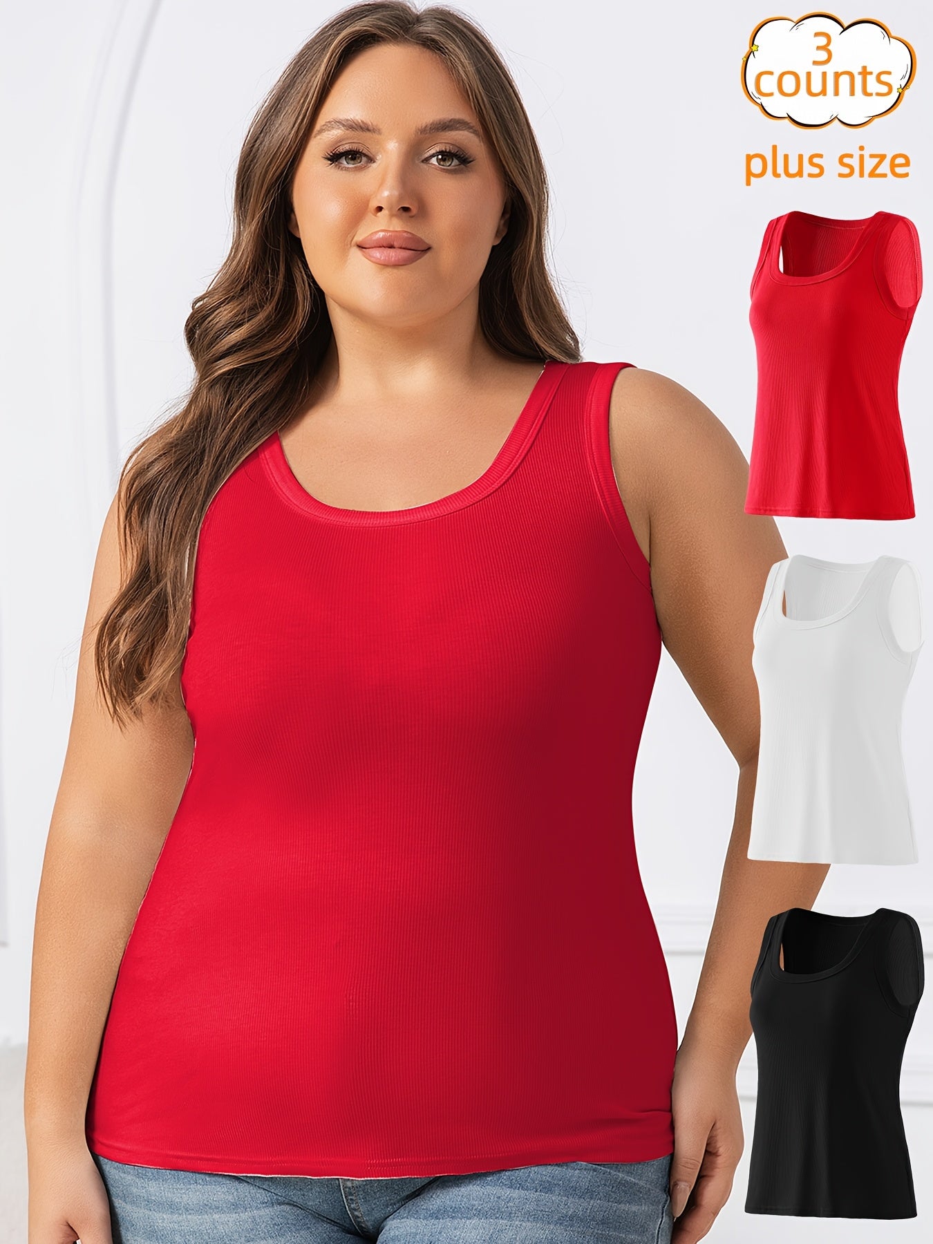 Plus Size Sleeveless Tank Tops 3 Pack Stretchy Casual Wear for Spring Summer