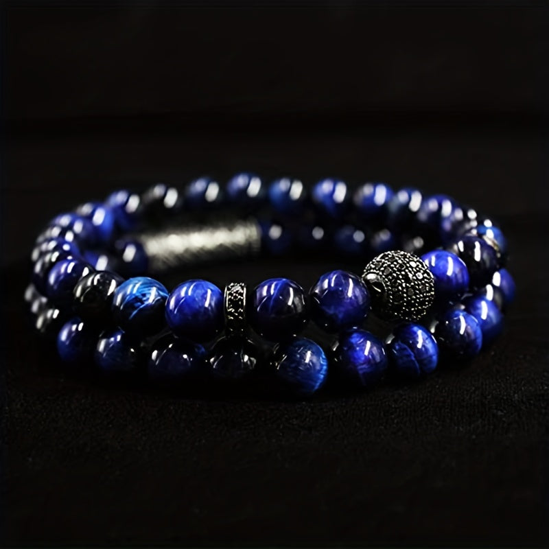 Set of 2 Tiger Eye Beaded Bracelets 8mm Stretchy Yoga Accessories for Men