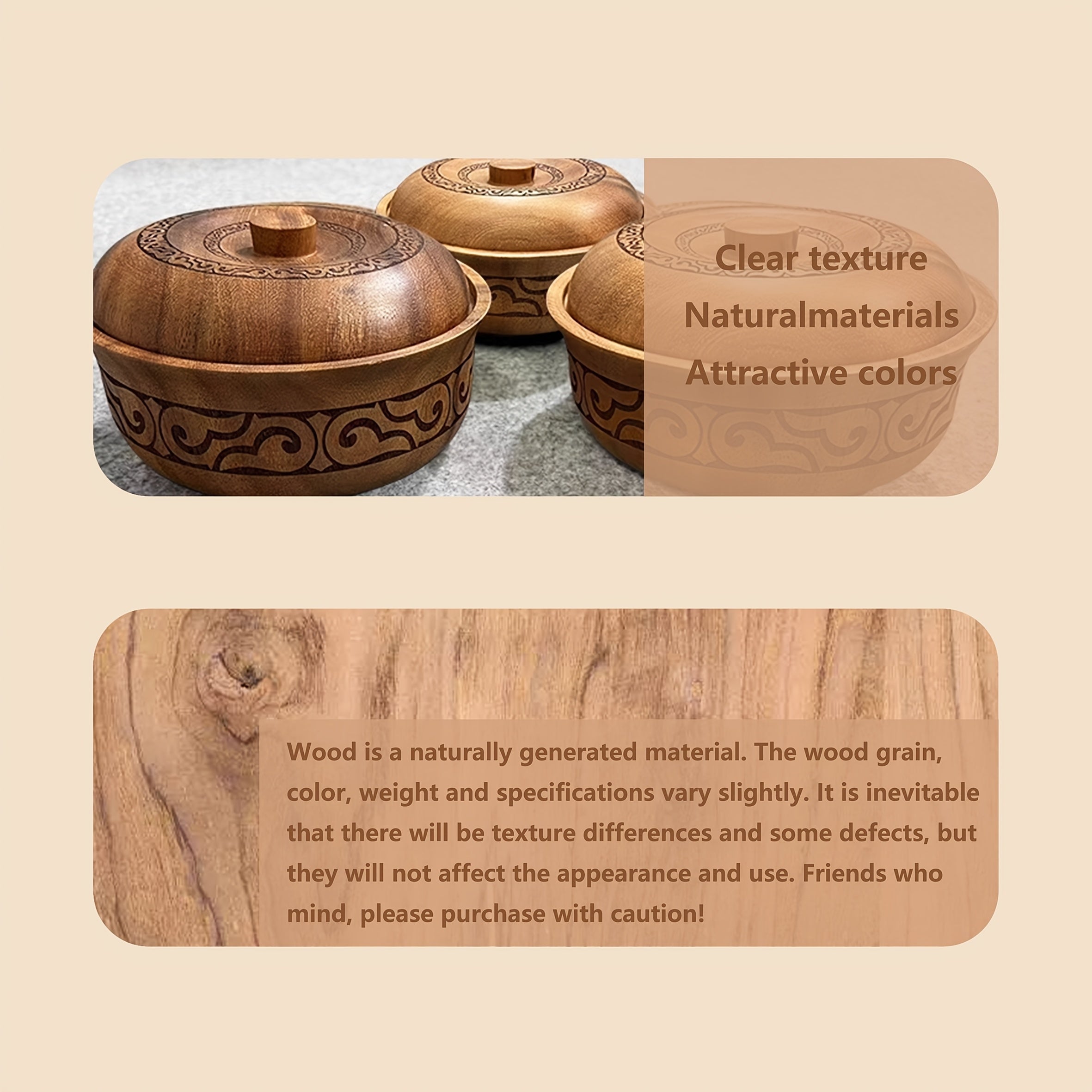 Solid Wood Bowl with Lid for Serving Noodles Salad Rice and Soup Kitchen Dining Camping