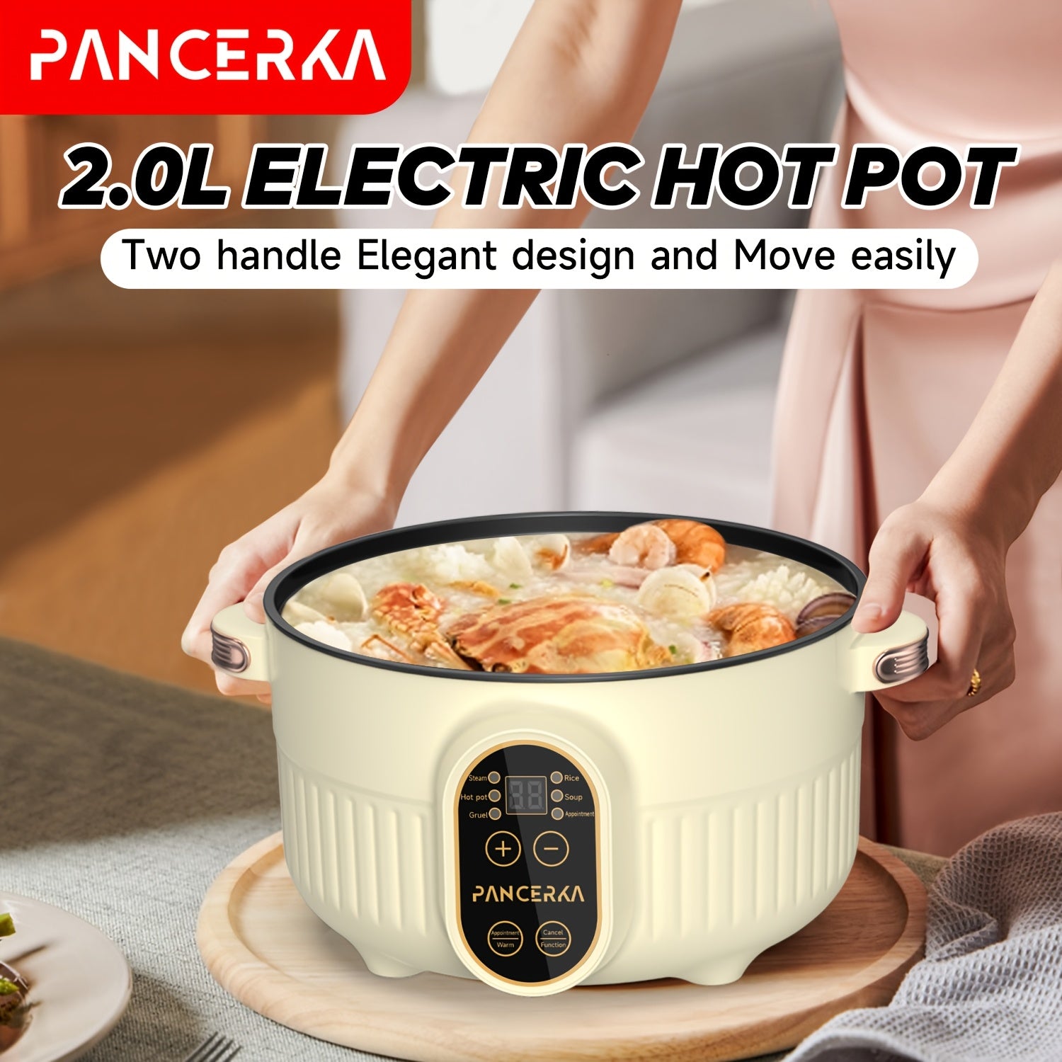 PANCERKA 2L Katta quvvatli elektr hot-poti, sozlanadigan harorat nazorati bilan (800W), sho'rva, bug'lash, makaron va boshqalar uchun. Portativ va oson tozalanadigan, uy, yotoqxona va ofislar uchun ideal.