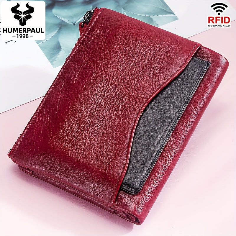 Women's RFID Blocking Red Leather Vintage Wallet with Zipper Closure