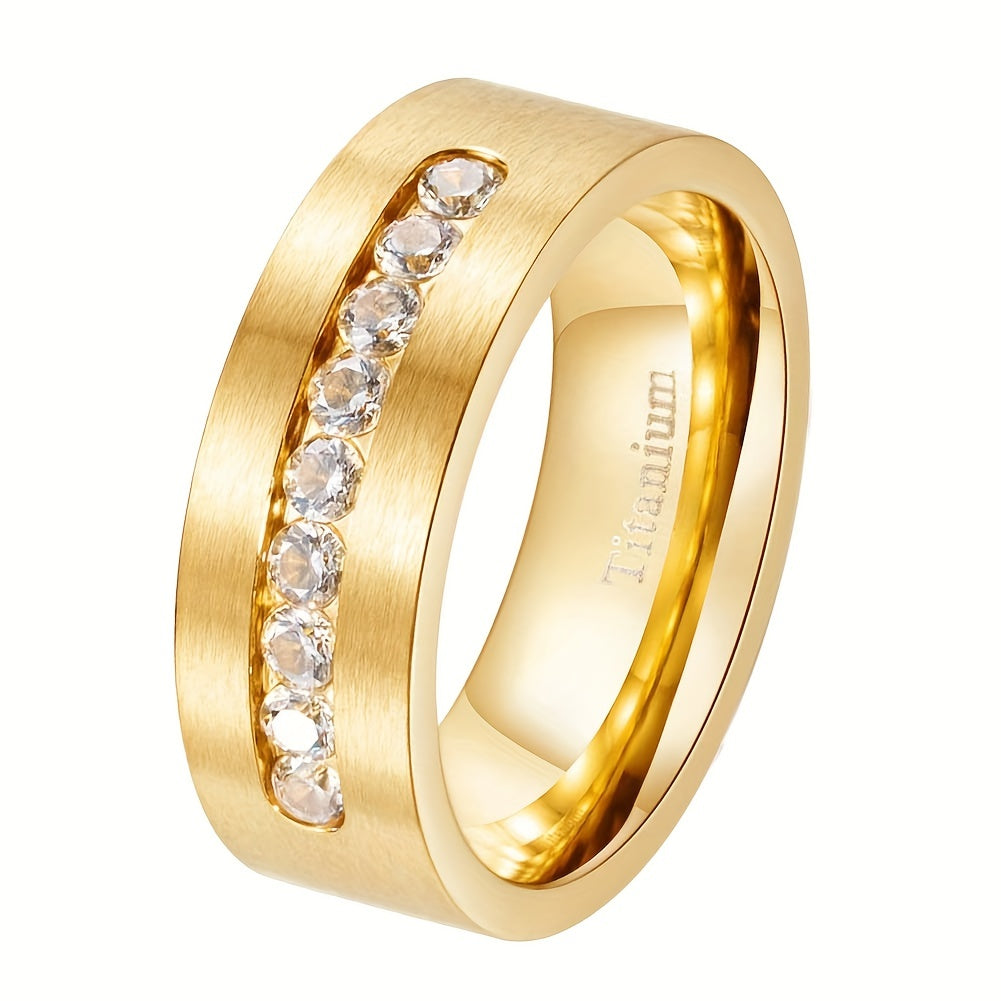 Matte Yellow Gold Round AAA CZ Titanium Steel Men's Wedding Ring 8mm