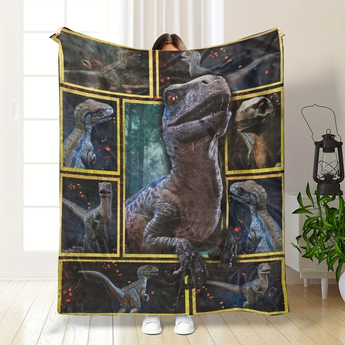 Plush Throw Blanket Geometric Dinosaur Pattern Polyester All-Season