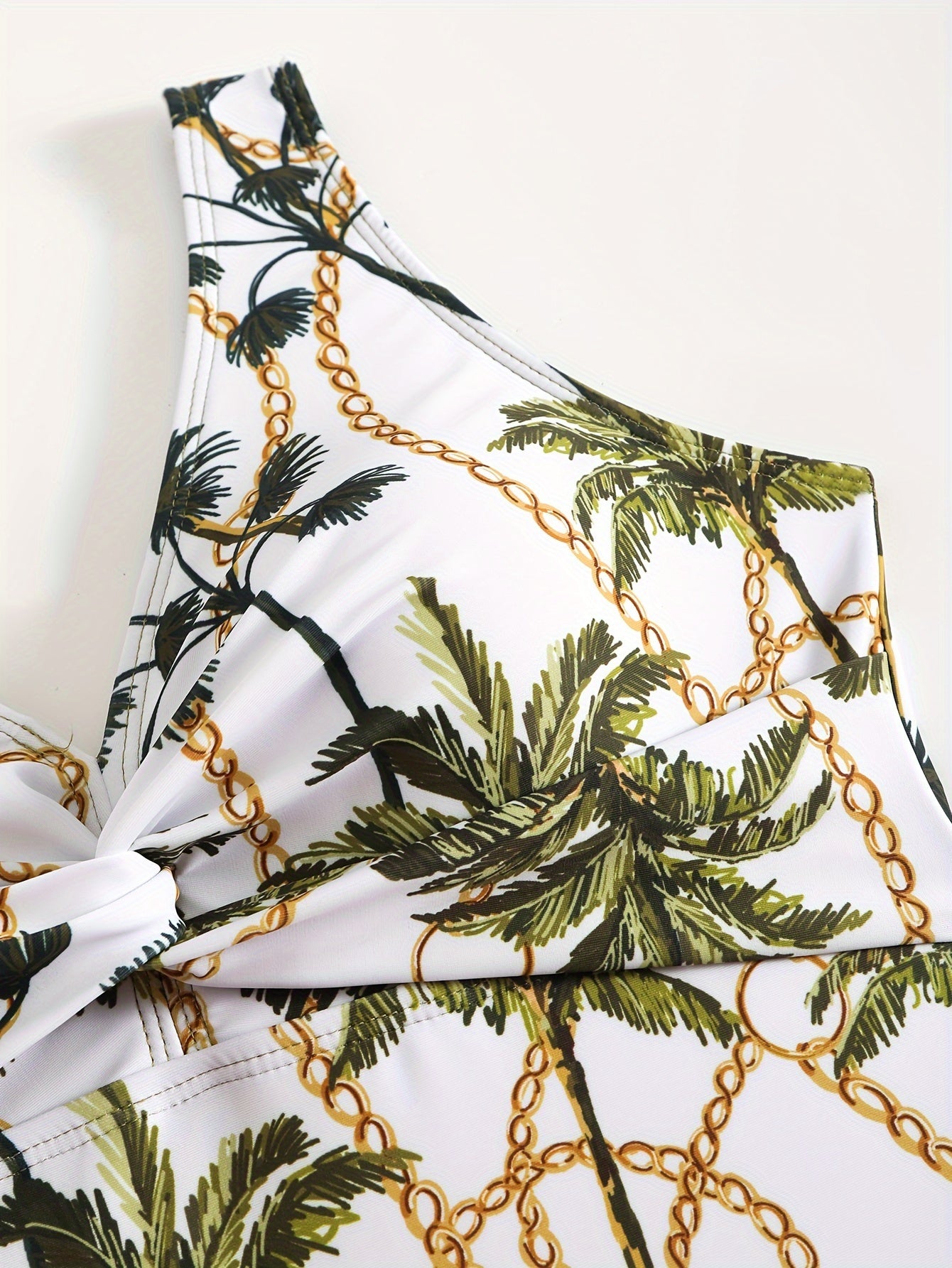 Tropical Palm Print Two-Piece Swimsuit Set with V-Neck Top and Sheer Sarong