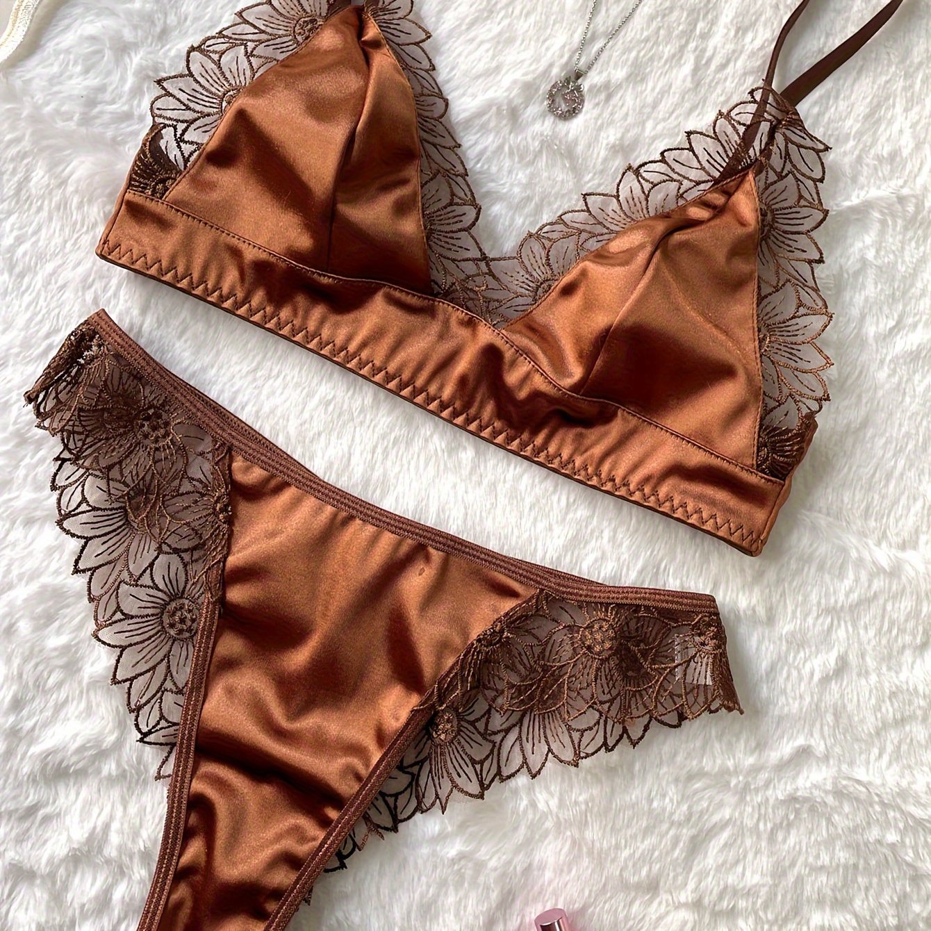 Lingerie Set with Embroidered Coffee Color and Luxurious Fabric