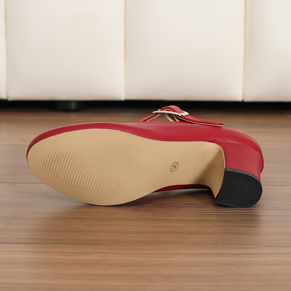 Women's Black Faux Leather Mary Jane Thong Sandals with Chunky Heel