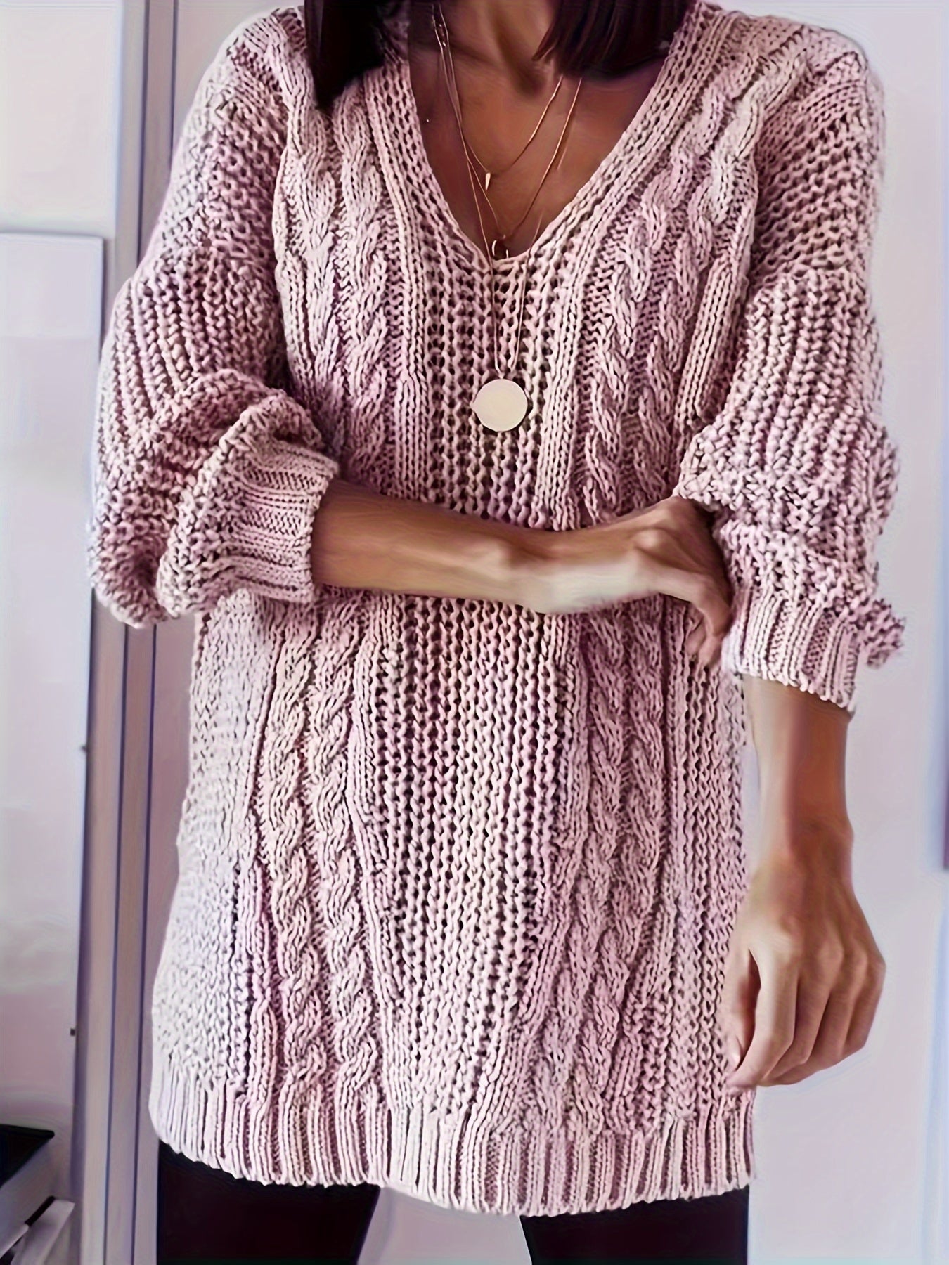 Plus Size Women's V-Neck Cable Sweater Long Sleeve Ribbed Pullover Beige Fall Winter