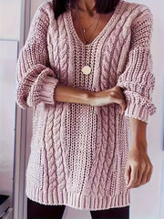 Plus Size Women's V-Neck Cable Sweater Long Sleeve Ribbed Pullover Beige Fall Winter