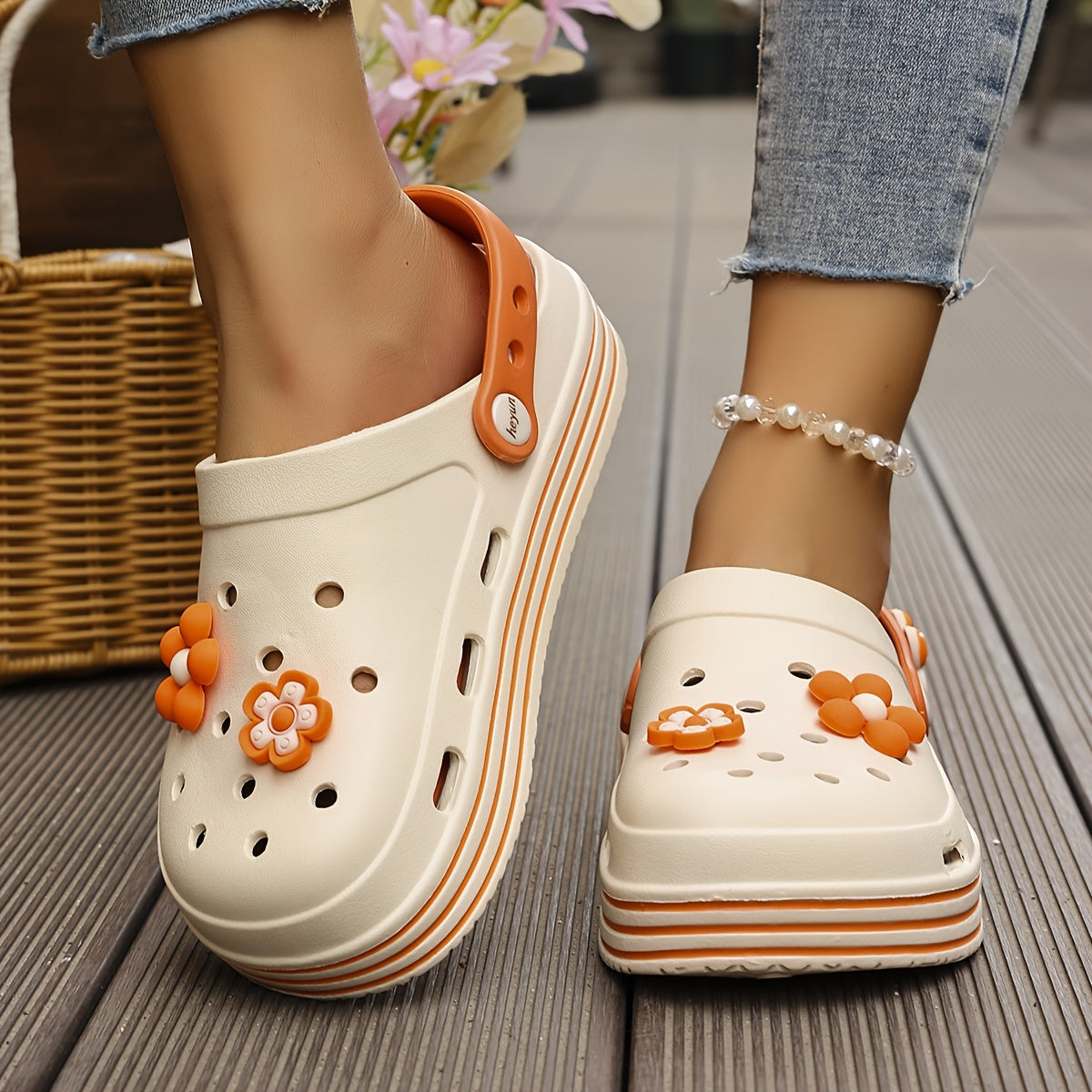 Women's Light Blue Floral Clogs with Thick Platform Breathable EVA